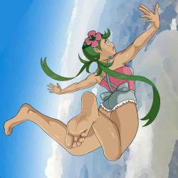 Rule 34 | 1girl, :o, barefoot, commentary request, creatures (company), dark-skinned female, dark skin, day, flower, full body, game freak, green hair, green headband, grey overalls, headband, highres, issei (sakito), long hair, mallow (pokemon), nintendo, open mouth, outdoors, outstretched arms, overall shorts, overalls, pink flower, pink shirt, pokemon, pokemon sm, shirt, skydive, soles, solo, toes, tongue, twintails