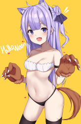 Rule 34 | 1girl, :d, absurdres, ahoge, alternate costume, animal ears, animal hands, azur lane, bad id, bad pixiv id, bare shoulders, black thighhighs, breasts, cleavage, collarbone, commentary request, fake animal ears, fang, gloves, hair bun, hair ribbon, halloween, highres, long hair, looking at viewer, navel, okappa (bobbed001), one side up, open mouth, paw gloves, purple eyes, purple hair, ribbon, side bun, simple background, single hair bun, single side bun, smile, solo, tail, thighhighs, unicorn (azur lane), wolf ears, wolf tail, yellow background