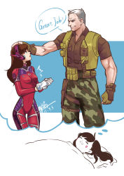Rule 34 | 1boy, 1girl, absurdres, age difference, alternate costume, animal print, bed, belt buckle, bodysuit, breasts, brown eyes, brown hair, brown shirt, buckle, camouflage, camouflage pants, collared shirt, commando: 76, commentary request, cowboy shot, d.va (overwatch), dated, dreaming, drooling, english text, facepaint, facial mark, fingerless gloves, gloves, grey hair, guo (199243), headpat, headphones, high collar, highres, holster, knife, long hair, long sleeves, looking at another, military, muscular, official alternate costume, overwatch, overwatch 1, pants, parted lips, pilot suit, pouch, rabbit print, removing glove, ribbed bodysuit, scar, scar on face, sheath, sheathed, shirt, short hair, short sleeves, shoulder pads, skin tight, sleeping, small breasts, smile, soldier: 76 (overwatch), speech bubble, surprised, swept bangs, thigh gap, thought bubble, vest, whisker markings, white gloves