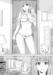 Rule 34 | 1girl, absurdres, apple (luffy123), bed, bra, breasts, breasts apart, cellphone, clock, comic, greyscale, highres, holding, holding phone, korean commentary, lamp, large breasts, long hair, mirror, monochrome, navel, open hand, original, panties, phone, selfie, smartphone, smile, star (symbol), stuffed animal, stuffed toy, teddy bear, underwear, underwear only