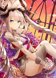 Rule 34 | 1girl, blue eyes, breasts, fate/grand order, fate (series), flower, gloves, hat, kim eb, long hair, looking at viewer, marie antoinette (fate), marie antoinette (third ascension) (fate), no panties, rose, silver hair, small breasts, smile, solo, twintails, twitter username, very long hair, white gloves
