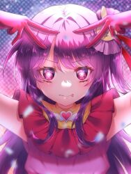 Rule 34 | 1girl, arms up, blush, brooch, closed mouth, commentary, double v, dress, frilled dress, frills, hair ornament, hair ribbon, heart, heart brooch, highres, hoshino ai (oshi no ko), idol, idol clothes, jewelry, looking at viewer, one side up, oshi no ko, parted bangs, pink dress, purple eyes, purple hair, rabbit hair ornament, red ribbon, ribbon, screen zoom, shadow, sidelocks, sleeveless, sleeveless dress, solo, star-shaped pupils, star (symbol), symbol-shaped pupils, tongue, tongue out, upper body, user kzgn8858, v