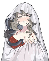 Rule 34 | 1girl, absurdres, aged up, bed sheet, blush, bra, breasts, cleavage, collarbone, grey eyes, grey hair, highres, holding, holding sheet, justina (sduy5347), korean commentary, large breasts, long hair, looking at viewer, poltergeist (reverse:1999), red bra, reverse:1999, solo, tentacles, underwear