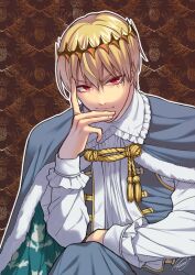 Rule 34 | 1boy, blonde hair, blue cape, cape, commentary request, cosplay, crossed legs, crown, fate/grand order, fate (series), gilgamesh (fate), head on hand, looking at viewer, male focus, oberon (fate), oberon (fate) (cosplay), red eyes, rkp, signature, sitting
