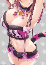 Rule 34 | 1girl, armpits, arms up, bare arms, bell, black shorts, blush, bow, bowtie, breasts, brown hair, buttons, cat tail, choker, cleavage, cowboy shot, crop top, fur trim, grey background, head out of frame, highres, idolmaster, idolmaster cinderella girls, jingle bell, large breasts, long hair, micro shorts, midriff, mifune miyu, mizuki makoto, navel, parted lips, purple shirt, ribbon, shirt, shorts, sidelocks, smile, solo, stomach, suspenders, tail, tail ornament, tail ribbon, thighhighs, thighs, wavy hair