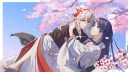 Rule 34 | 2boys, 3259460330, absurdres, alternate costume, alternate hairstyle, bishounen, carrying, cherry blossoms, dress, falling petals, genshin impact, hair between eyes, hakama, happy, highres, husband and husband, japanese clothes, kaedehara kazuha, long hair, long sleeves, looking at another, male focus, multicolored hair, multiple boys, petals, ponytail, princess carry, purple eyes, red eyes, red hair, scaramouche (genshin impact), smile, streaked hair, wedding dress, white hair, wind, yaoi