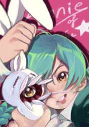 Rule 34 | 1girl, absurdres, annie (skullgirls), braid, character name, crying, eyepatch, grabbing, green hair, grin, highres, juliet sleeves, long hair, long sleeves, open mouth, pink background, puffy sleeves, red lips, sagan (skullgirls), sharp teeth, skullgirls, smile, solo, stuffed animal, stuffed rabbit, stuffed toy, tears, teeth, twin braids, twist (artist), upper body, yellow eyes