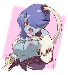Rule 34 | 1girl, blue hair, breasts, breasts out, female focus, hair over one eye, mtk hoshi, nipples, red eyes, skullgirls, solo, squigly (skullgirls), tongue, tongue out, twitter username, zombie