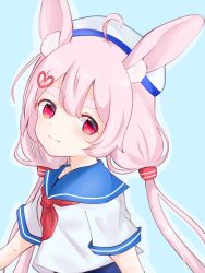 Rule 34 | 1girl, ahoge, animal ear fluff, animal ears, blue background, commentary request, hair ornament, hairclip, highres, long hair, low twintails, one-piece swimsuit, pink hair, rabbit ears, red eyes, school swimsuit, school uniform, serafuku, shirt, simple background, smile, solo, swimsuit, thick eyebrows, tomari mari, tomari mari channel, twintails, upper body, virtual youtuber, white shirt