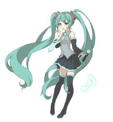 Rule 34 | 1girl, bare shoulders, black footwear, black skirt, black sleeves, black thighhighs, blue eyes, blue hair, blue necktie, boots, collared shirt, commentary, detached sleeves, eighth note, full body, grey shirt, hand up, hatsune miku, headset, holding, holding microphone, kaniko (user tvzs5875), long hair, long sleeves, looking at viewer, microphone, musical note, necktie, parted lips, pleated skirt, shirt, simple background, skirt, sleeveless, sleeveless shirt, solo, thigh boots, thighhighs, twintails, very long hair, vocaloid, white background