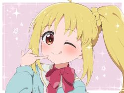 Rule 34 | 1girl, :q, ;), ahoge, blonde hair, bocchi the rock!, border, bow, bowtie, commentary request, finger to mouth, hair ornament, hair scrunchie, highres, ijichi nijika, looking at viewer, medium hair, one eye closed, outside border, pink background, pinky out, pinky to mouth, portrait, ransusan, red bow, red bowtie, red eyes, scrunchie, side ponytail, sidelocks, smile, solo, sparkle, star-shaped pupils, star (symbol), symbol-shaped pupils, tongue, tongue out, white border