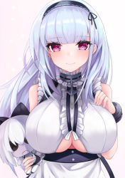 Rule 34 | 1girl, absurdres, anchor choker, apron, azur lane, black hairband, breasts, button eyes, buttons, center frills, choker, clothing cutout, dido (azur lane), doll, frilled apron, frilled choker, frills, hairband, hands on own breasts, highres, holding, holding doll, large breasts, purple eyes, ryara, shirt, short hair, silver hair, sleeveless, sleeveless shirt, smile, solo, stuffed toy, underboob, underboob cutout, upper body, waist apron, white apron, white shirt