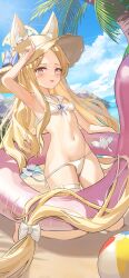 Rule 34 | 1girl, absurdly long hair, absurdres, animal, animal ear fluff, bikini, bird, blonde hair, blue archive, blue sky, breasts, brown hat, cloud, commentary, day, hat, highres, iv (iv70311741), long hair, looking at viewer, navel, ocean, open mouth, outdoors, palm tree, pink eyes, seia (blue archive), sky, small breasts, solo, stomach, straw hat, swimsuit, tree, very long hair, white bikini