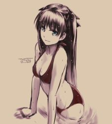 Rule 34 | 1girl, :d, bikini, black bikini, black bow, blue eyes, bow, breasts, brown background, brown hair, cleavage, collarbone, fate/stay night, fate (series), hair between eyes, hair bow, highres, long hair, looking at viewer, medium breasts, open mouth, simple background, smile, solo, swimsuit, tohsaka rin, toyoyuki, twintails, two side up