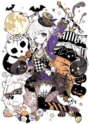 Rule 34 | 1girl, antenna hair, arm up, artist name, bandaged leg, bandages, bat (animal), black footwear, black skirt, black thighhighs, black vest, boots, bow, colored skin, commentary, confetti, crescent, elina (e2n04n), english commentary, eye mask, full body, fur-trimmed jacket, fur trim, ghost, gold trim, hair ornament, hat, hat feather, high heel boots, high heels, highres, holding, holding staff, jack-o&#039;-lantern, jacket, layered skirt, lion, long sleeves, looking at viewer, medium hair, mini hat, mini top hat, moon, moon globe, multicolored footwear, one eye closed, open mouth, orange bow, orange eyes, original, pennant, purple footwear, purple jacket, purple skirt, ribbed shirt, see-through, see-through skirt, shirt, signature, single thighhigh, skirt, skull ornament, skull print, solo, staff, star (symbol), string of flags, striped bow, thank you, thighhighs, top hat, vest, white background, white bow, white hair, white shirt, white skin