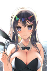 Rule 34 | 1girl, absurdres, animal ears, asahina hikage, bare shoulders, black hair, black leotard, black neckwear, blush, breasts, cleavage, closed mouth, collar, collarbone, commentary request, detached collar, fake animal ears, hair ornament, hairclip, highres, holding, holding hair ornament, large breasts, leotard, long hair, looking at viewer, playboy bunny, purple eyes, rabbit ears, rabbit hair ornament, sakurajima mai, seishun buta yarou, smile, solo, standing, strapless, strapless leotard, white collar, wrist cuffs