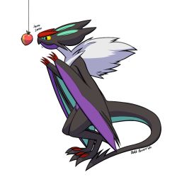 Rule 34 | animal ears, artist name, bait, black eyes, claws, colored sclera, creatures (company), dakkpasserida, english text, feet, food, from side, fruit, full body, furry, game freak, gen 6 pokemon, hands up, nintendo, noivern, peach, pokemon, pokemon (creature), pokemon xy, signature, smelling, solo, standing, string, tail, text focus, transparent background, wings, yellow sclera