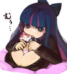 Rule 34 | 10s, 1girl, between breasts, blueberry, bow, breasts, cleavage, colored inner hair, food, fruit, green eyes, hair bow, huge breasts, ice cream, kasutaso, long hair, multicolored hair, panty &amp; stocking with garterbelt, sexually suggestive, solo, stocking (psg), strawberry