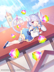Rule 34 | 1girl, ahoge, animal ear fluff, animal ears, bell, black footwear, blue bow, blue skirt, blue sky, blush, bow, breasts, cat ears, cat girl, cat tail, center frills, character request, cloud, commentary request, copyright notice, cube, day, detached sleeves, fang, fish hair ornament, frills, hair ornament, hand to own mouth, highres, jingle bell, komachi pochi, long sleeves, looking at viewer, medium breasts, neck bell, official art, on roof, one eye closed, open mouth, outdoors, pleated skirt, puffy long sleeves, puffy sleeves, purple hair, red eyes, rooftop, shirt, shoes, skirt, sky, sleeveless, sleeveless shirt, sleeves past wrists, socks, solo, tail, tears, tower, vividz, white shirt, white sleeves, white socks, window