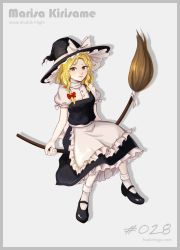Rule 34 | 1girl, absurdres, apron, artist name, black dress, black footwear, blonde hair, bow, braid, broom, broom riding, buttons, character name, closed mouth, copyright name, dress, frilled dress, frills, hair bow, hat, hat bow, highres, hoshiringo0902, imperishable night, kirisame marisa, lips, mary janes, puffy sleeves, red bow, shirt, shoes, short hair, short sleeves, side braid, simple background, single braid, smile, socks, solo, touhou, turtleneck, waist apron, white background, white bow, white shirt, white socks, witch hat, yellow eyes