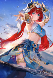 Rule 34 | 1girl, aqua eyes, arm up, blush, closed mouth, dancer, dancing, forehead jewel, genshin impact, harem outfit, highres, horns, hyy-huangyuyao, looking at viewer, midriff, nilou (genshin impact), outstretched hand, partially submerged, reaching, reaching towards viewer, red hair, skirt, smile, solo, twintails, vambraces, veil, water