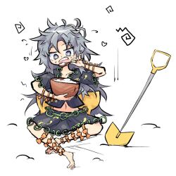 Rule 34 | 1girl, barefoot, bowl, eating, himemushi momoyo, holding, holding spoon, open mouth, primsla, shovel, simple background, solo, spoon, touhou, white background, wooden bowl, wooden spoon