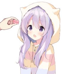 Rule 34 | 1girl, anata ni koi suru ren&#039;ai recette, blush, food, hair between eyes, highres, holding, holding food, hood, hood up, hooded jacket, jacket, long hair, long sleeves, looking at another, macaron, multicolored clothes, multicolored jacket, orange jacket, out of frame, purple eyes, purple hair, shirosaki mieru, simple background, solo, takepoison, upper body, white background