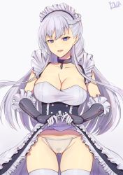 Rule 34 | 1girl, absurdres, apron, azur lane, band-width, belfast (azur lane), black gloves, blue eyes, braid, breasts, chain, cleavage, clothes lift, collar, collarbone, corset, cowboy shot, elbow gloves, female pubic hair, french braid, frilled apron, frills, gloves, gluteal fold, highres, large breasts, lifted by self, long hair, looking at viewer, maid, maid apron, maid headdress, midriff peek, panties, pantyshot, parted lips, pubic hair, pussy, see-through, sidelocks, signature, simple background, skirt, skirt lift, smile, solo, standing, thighhighs, underwear, white apron, white gloves, white hair, white panties, white thighhighs