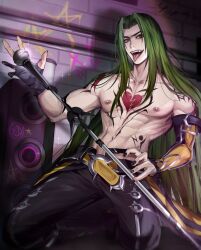 Rule 34 | 1boy, abs, arm tattoo, black gloves, black pants, chest tattoo, commentary, fangs, full body, gloves, green eyes, green hair, heartsteel kayn, highres, holding, holding microphone, indoors, kayn (league of legends), league of legends, long hair, looking at viewer, male focus, microphone, muscular, muscular male, music, nipples, official alternate costume, official alternate hairstyle, pants, parted bangs, partially fingerless gloves, solo, tattoo, teeth, tongue, tongue out, topless male, wall, zyrophin