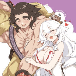 Rule 34 | 1boy, 1girl, 88 (einnimnech), animal, artemis (fate), bare pectorals, bare shoulders, bear, blush, breasts, brown hair, cleavage, commentary, dress, dual persona, closed eyes, fate/grand order, fate (series), hair between eyes, heart, highres, holding another&#039;s arm, hug, large breasts, long hair, muscular, open mouth, orion (bear) (fate), pectorals, pelt, short hair, simple background, smile, strapless, strapless dress, super orion (fate), teeth, twitter username, white dress, white hair