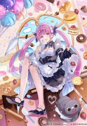 Rule 34 | ahoge, apron, aquarium (visual novel), black collar, black footwear, blue hair, blunt bangs, bow, bowtie, breasts, cake, candy, cat, cleavage, clothes lift, collar, detached sleeves, doughnut, food, frilled apron, frilled skirt, frilled sleeves, frills, fruit, hair bow, hanekoto, highres, hololive, lollipop, looking ahead, maid, maid headdress, medium breasts, minato aqua, multicolored hair, neko (minato aqua), official art, open mouth, pink eyes, pink hair, purple bow, purple bowtie, sidelocks, sitting, skirt, smile, strawberry, thighhighs, twintails, virtual youtuber, white apron, wide sleeves
