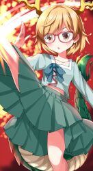 Rule 34 | 1girl, :o, antlers, blonde hair, blue bow, blue shirt, bow, collarbone, commentary request, dragon girl, dragon horns, dragon tail, glasses, green skirt, highres, horns, kicchou yachie, long skirt, midriff peek, pleated skirt, red-framed eyewear, ruu (tksymkw), shirt, skirt, solo, square neckline, tail, touhou, yellow eyes, yellow horns