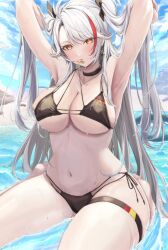 Rule 34 | 1girl, armpits, arms up, azur lane, bikini, black bikini, black choker, breasts, cafenami, choker, cleavage, cross, cross earrings, earrings, highres, jewelry, large breasts, mouth hold, multicolored hair, navel, official alternate costume, partially submerged, prinz eugen (azur lane), prinz eugen (unfading smile) (azur lane), red hair, side-tie bikini bottom, sitting, streaked hair, swimsuit, thigh strap, two side up, wet, white hair