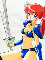 Rule 34 | 1080kazuo, 1girl, armor, asagiri youko, bikini, bikini armor, blue bikini, blue eyes, breasts, earrings, genmu senki leda, highres, holding, holding sword, holding weapon, jewelry, long hair, looking at viewer, open mouth, pauldrons, red hair, shoulder armor, side ponytail, simple background, small breasts, smile, solo, swimsuit, sword, vambraces, weapon, white background