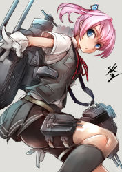 Rule 34 | 10s, 1girl, bike shorts, blouse, blue eyes, gloves, grey background, hair ornament, kantai collection, personification, pink hair, ponytail, red ribbon, ribbon, school uniform, shiranui (kancolle), shirt, signature, simple background, skirt, solo, sowel (sk3), vest, white gloves, white shirt