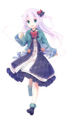 Rule 34 | 1girl, black bow, black dress, black footwear, blue eyes, boots, bow, cardigan, dress, floating hair, hair bow, hand up, light purple hair, long hair, long sleeves, looking at viewer, one side up, open cardigan, open clothes, open mouth, original, purple hair, simple background, smile, solo, walking, white background, yonema