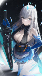 Rule 34 | 1girl, absurdres, armpits, bare shoulders, breasts, claymore (sword), cleavage, closed mouth, crown, dress, gradient skin, grey eyes, grey hair, highres, holding, holding sword, holding weapon, large breasts, long hair, looking at viewer, meryl (tower of fantasy), morgan le fay (fate), no bra, re0n, sleeveless, sleeveless dress, solo, standing, sword, tower of fantasy, weapon