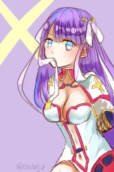 Rule 34 | 1girl, blue eyes, breasts, center opening, cleavage, fate/grand order, fate (series), long hair, looking at viewer, mouth hold, navel, purple hair, martha (fate), solo, totte