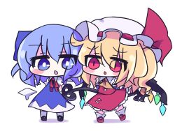 Rule 34 | 2girls, ascot, black footwear, blonde hair, blue bow, blue dress, blue eyes, blue hair, blush stickers, bow, chibi, cirno, detached wings, dress, flandre scarlet, full body, hair bow, hat, hat ribbon, highres, holding, holding polearm, holding weapon, laevatein (touhou), mary janes, melting, mob cap, multicolored wings, multiple girls, neck ribbon, open mouth, pinafore dress, polearm, puffy short sleeves, puffy sleeves, red eyes, red footwear, red ribbon, red skirt, red vest, ribbon, shin16, shirt, shoes, short sleeves, simple background, skirt, skirt set, sleeveless, sleeveless dress, socks, touhou, vest, weapon, white background, white headwear, white shirt, white socks, wings, yellow ascot