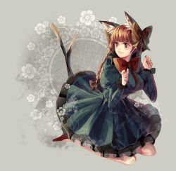 Rule 34 | 1girl, animal ears, black bow, bow, braid, breasts, cat, cat ears, cat tail, dress, fingernails, floral background, frilled dress, frills, green dress, hair bow, juliet sleeves, kaenbyou rin, long hair, long sleeves, looking back, medium breasts, multiple tails, paw pose, puffy long sleeves, puffy sleeves, red bow, red eyes, red hair, silence girl, solo, tail, touhou, twin braids