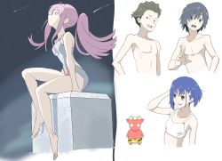 Rule 34 | 10s, 2boys, 2girls, absurdres, bare shoulders, barefoot, bikini, bikini top only, black hair, blue hair, breasts, brown hair, cleavage, collarbone, commentary request, darling in the franxx, gloves, green eyes, hair ornament, hairband, hairclip, hand on own head, hand up, high ponytail, highres, hiro (darling in the franxx), hitsujibane, horns, ichigo (darling in the franxx), long hair, medium breasts, meteor shower, mitsuru (darling in the franxx), multiple boys, multiple girls, night, night sky, no nipples, one-piece swimsuit, oni horns, pink hair, ponytail, red horns, short hair, sitting, sky, small breasts, star (sky), star (symbol), starry sky, swimsuit, thighs, topless male, white bikini, white hairband, white one-piece swimsuit, zero two (darling in the franxx)