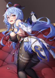 Rule 34 | 1girl, absurdres, ahoge, ass, baby bottle, bare shoulders, black gloves, black leotard, black pantyhose, blue hair, bottle, breasts, detached sleeves, from behind, frown, ganyu (genshin impact), genshin impact, gloves, goat horns, highres, holding, horns, k.t.cube, kneeling, lactation, large breasts, leotard, long hair, long sleeves, looking at viewer, looking back, low ponytail, open mouth, pantyhose, purple eyes, solo, thighs, torn clothes, v-shaped eyebrows, very long hair, waist cape