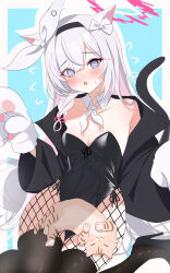 Rule 34 | 1girl, @ @, animal ears, animal hands, black coat, black leotard, black thighhighs, blue archive, bow, braid, breasts, cat, cat ears, cat tail, cleavage, coat, collarbone, colored inner hair, commentary request, detached collar, fishnet pantyhose, fishnets, gloves, hair bow, hair over one eye, hair ribbon, hairband, halo, highleg, highleg leotard, highres, kemonomimi mode, leotard, long bangs, long hair, long sleeves, looking at viewer, multicolored hair, nano (blueoekaki), nontraditional playboy bunny, open clothes, open coat, pantyhose, paw gloves, plana (blue archive), playboy bunny, ribbon, sidelocks, single braid, sitting, sleeveless, small breasts, strapless, strapless leotard, tail, thighhighs, two-tone hair, wariza