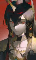 Rule 34 | 1other, androgynous, animal ears, arknights, black hair, closed mouth, commentary request, dadijiji, earrings, expressionless, gold horns, highres, horns, jewelry, long hair, looking at viewer, red background, red eyes, single horn, upper body, ya (arknights)