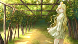 Rule 34 | 1girl, arm at side, blonde hair, closed mouth, commentary, commission, day, dress, english commentary, floral print, food, fruit, gonzz (gon2rix), highres, holding, holding food, holding fruit, lemon, long hair, long sleeves, looking at viewer, looking to the side, object on head, one eye closed, original, outdoors, sidelocks, single thighhigh, smile, sunlight, thighhighs, tree, vanishing point, white dress, white thighhighs, yellow eyes