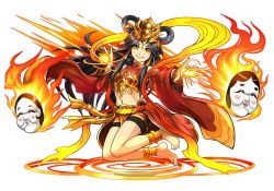 Rule 34 | 1girl, ame no uzume (p&amp;d), anklet, bare shoulders, barefoot, black hair, detached sleeves, eyebrows, fire, fire, hair rings, headdress, itou youichi, jewelry, lots of jewelry, navel, noh mask, official art, puzzle &amp; dragons, smile, solo, wide sleeves, yellow eyes