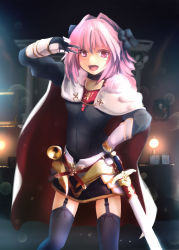 Rule 34 | 1boy, armor, astolfo (fate), belt, black dress, black ribbon, black thighhighs, blurry, blurry background, braid, cape, commentary request, cowboy shot, depth of field, dress, fang, fate/apocrypha, fate (series), garter straps, gauntlets, gloves, hair intakes, hair ribbon, hand on own hip, highres, indoors, lens flare, long braid, long hair, long sleeves, looking at viewer, male focus, open mouth, purple eyes, ribbon, salute, short dress, single braid, smile, solo, standing, sword, thighhighs, trap, tsubasa (abchipika), v, weapon, white cape, white gloves