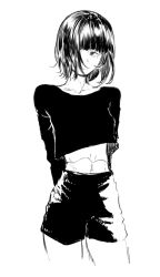 Rule 34 | 1girl, closed mouth, commentary, greyscale, hair over one eye, high-waist shorts, highres, kotoyama, looking at viewer, midriff, mole, mole under eye, monochrome, original, short hair, shorts, simple background, solo, white background