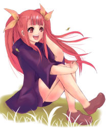 Rule 34 | 00s, 1girl, :d, anya cocolova, faux figurine, floating hair, grass, knees up, loafers, long hair, mahou sensei negima!, masaki (celesta), open mouth, plant, red eyes, red hair, shoes, simple background, sitting, smile, solo, twintails, very long hair, white background, wind