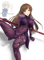 Rule 34 | 2girls, anastasia (idolmaster), armor, blush, bodysuit, breasts, cosplay, covered navel, cu chulainn (fate), cu chulainn (fate/stay night), cu chulainn (fate/stay night) (cosplay), dated, diarmuid ua duibhne (lancer) (fate) (cosplay), fate/grand order, fate (series), gae bolg (fate), idolmaster, idolmaster cinderella girls, kirisaki byakko, large breasts, looking at viewer, multiple girls, nitta minami, open mouth, parody, pauldrons, polearm, purple bodysuit, scathach (fate), scathach (fate) (cosplay), shoulder armor, spear, translation request, twitter username, weapon, white background